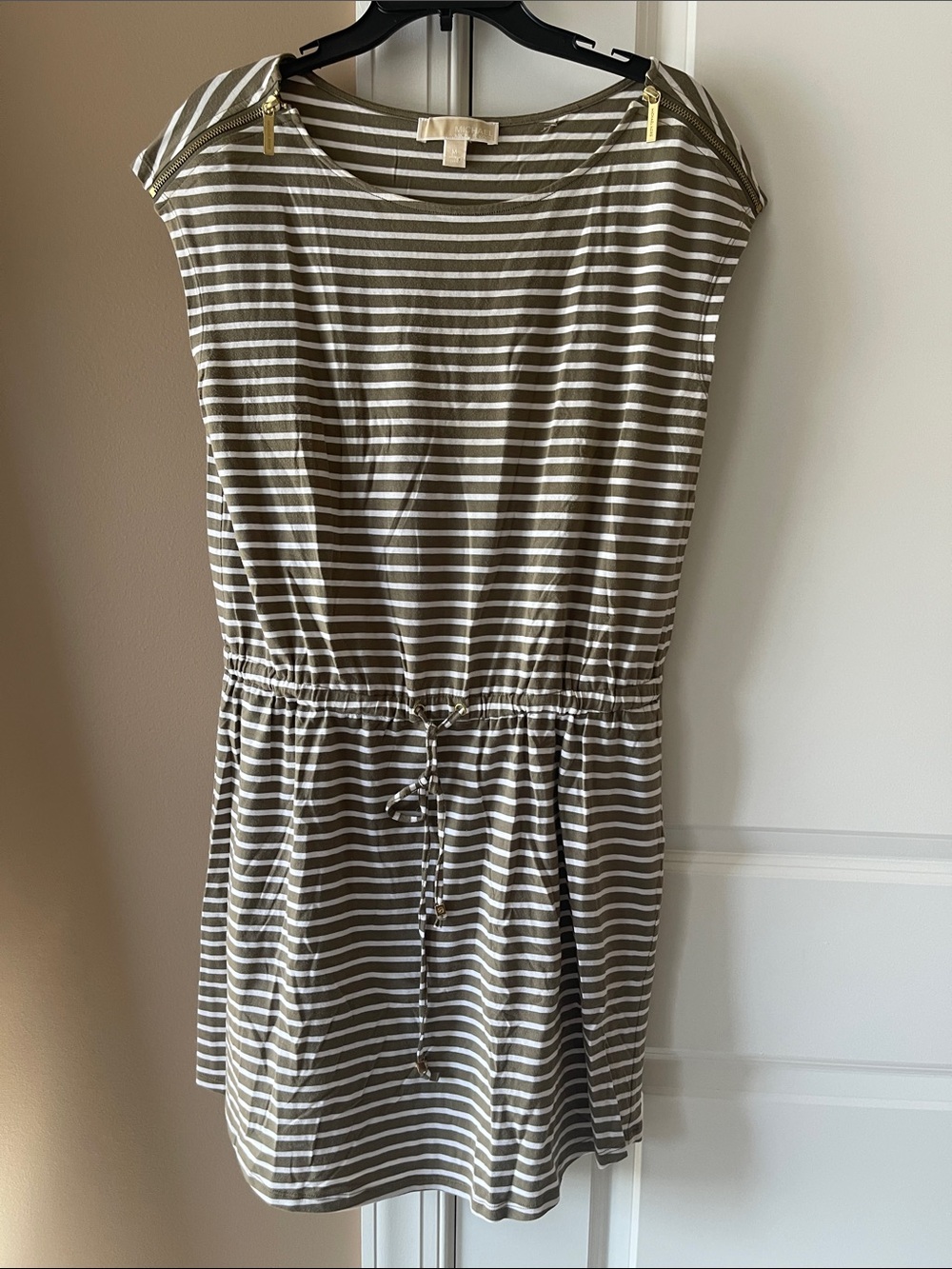 Michael Kors Olive and White Striped Drawstring Midi Dress